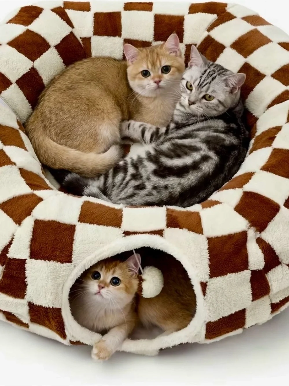 BEDSURE Plush Checkered Cat Tunnel & Bed 🏁🤎🐾🐈